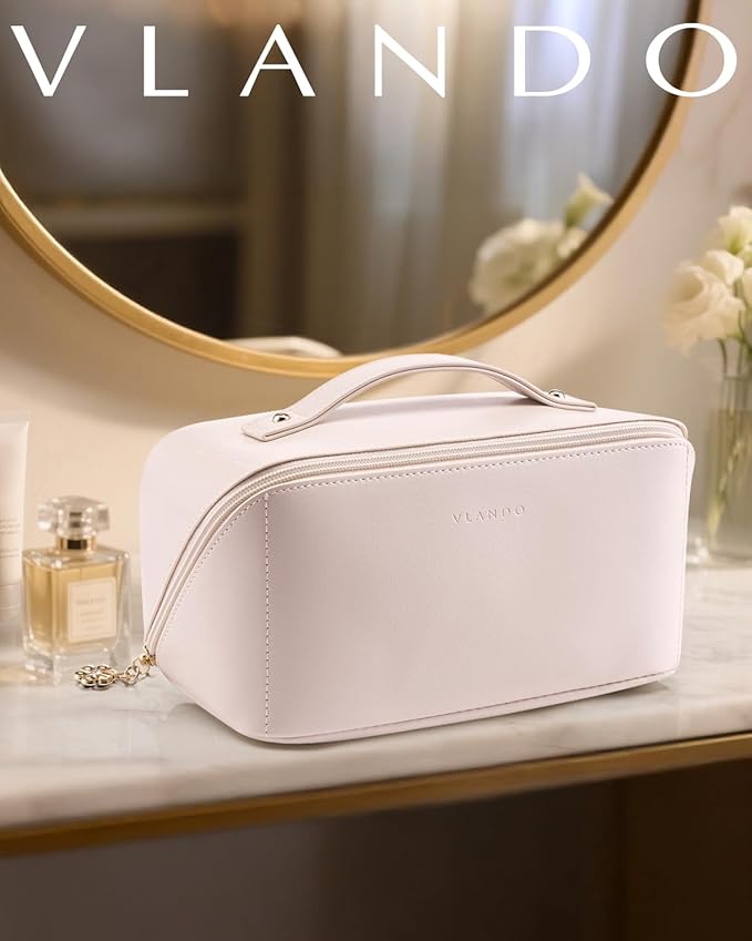 Vlando Makeup Bag,Large Capacity Travel Toiletry Bag,Cosmetic Bags for Women PU Leather Waterproof Portable Pouch with Divider & Handle-Apricot Pink