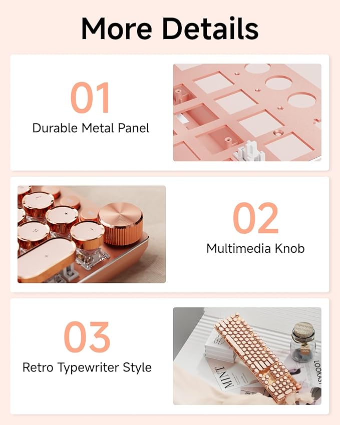 EWEADN Typewriter Style Mechanical Keyboard, Wired Typewriter Keyboard,104 Keys Retro Typewriter Keyboards, Media Control Knob, Wired Computer Keyboard Pink Switch for Windows/Mac/PC-Pink