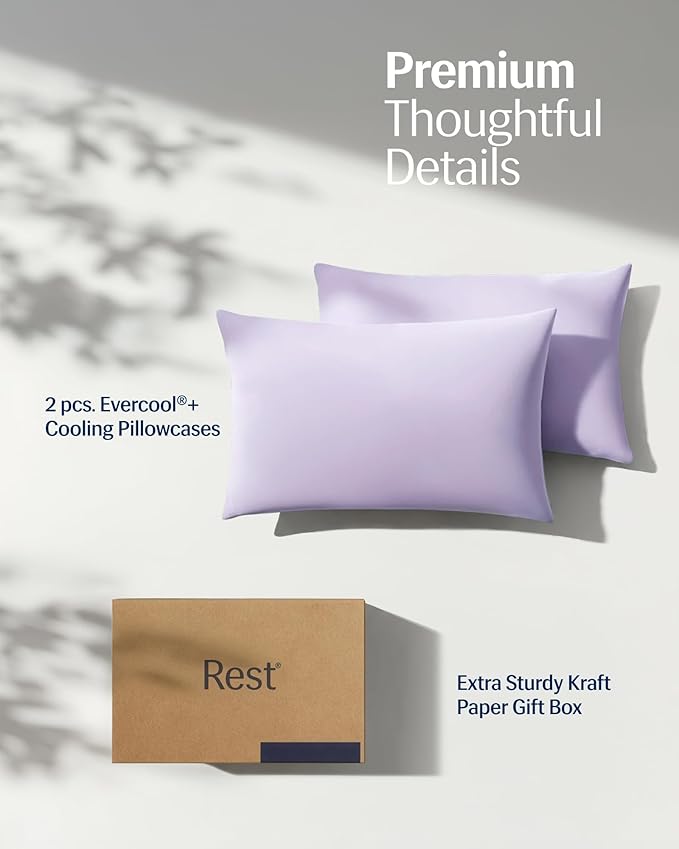 REST® Evercool®+ Cooling Pillowcases Standard - 2 Pillowcases for Sensitive Skin, Silver Infused Fabric for Hygienic Sleep, Silky Smooth for Curly Hair, High Elastic for Snug Fit (19x29 inches)