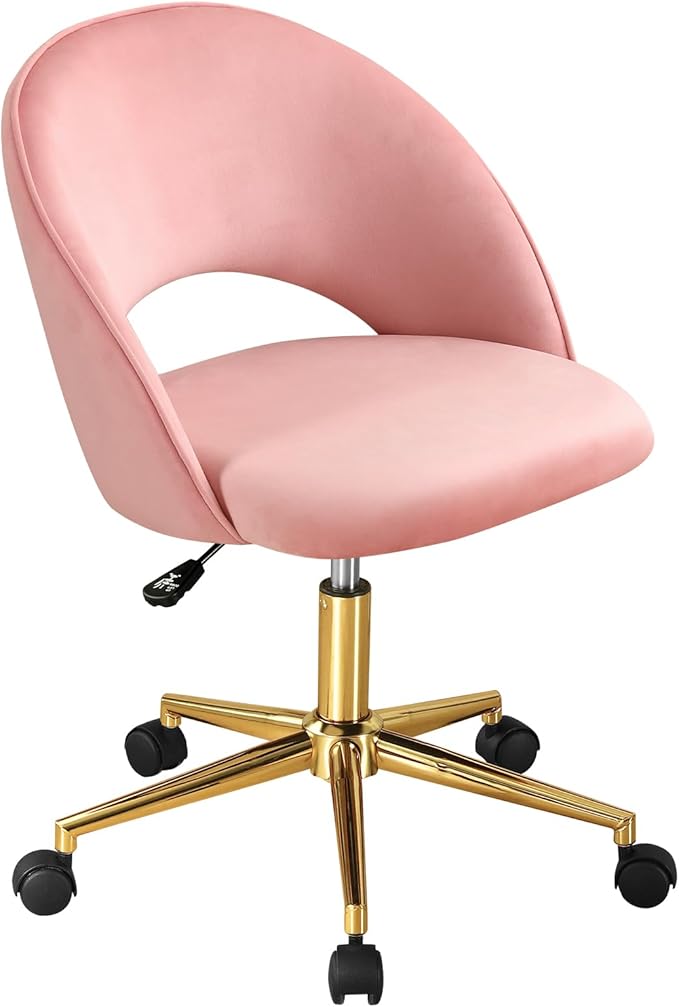 Furniliving Pink Vanity Chair, Cute Desk Chairs for Girls with Back, Rolling Upholstered Accent Chair for Living Room/Makeup Room/Bedroom, Pink