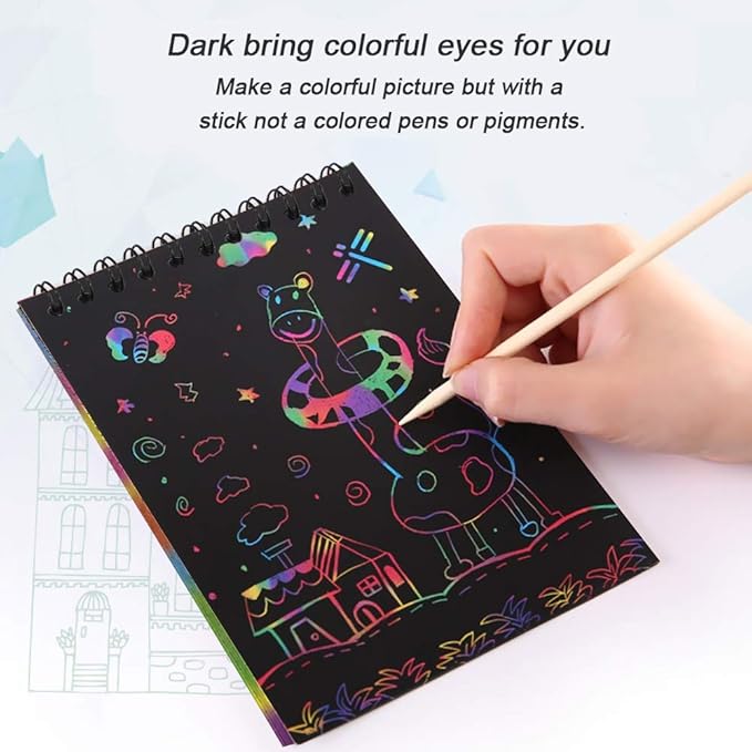 POKONBOY 16 Pack Scratch Arts and Crafts Notebooks, Scratch Note Pads for Kids Rainbow Party Favors Coloring Books for Kids Art Party Supplies Stocking Stuffers(16 Wooden Stylus & 4 Drawing Stencils)