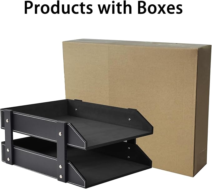 XNONE Leather Desk Organizer,2-Tier Stackable Letter Tray Holder,Office Supplies Desktop Storage Box for Document,Stationery,Magazines,Newspapers,Letters and Other Home Office Paper Sundries,Black