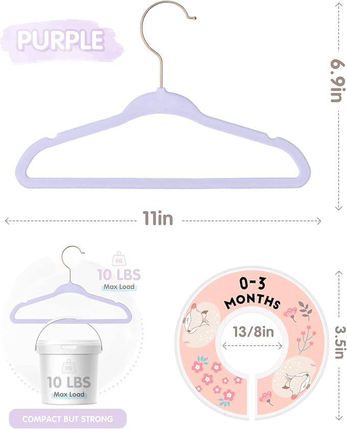 Baby Hangers, VIS'V 11 Inch Lavender Velvet Kids Hangers with 6 Pcs Size Dividers Non Slip Nursery Children Closet Clothes Hangers for Infant Toddler Girls and Boys 50 Pcs