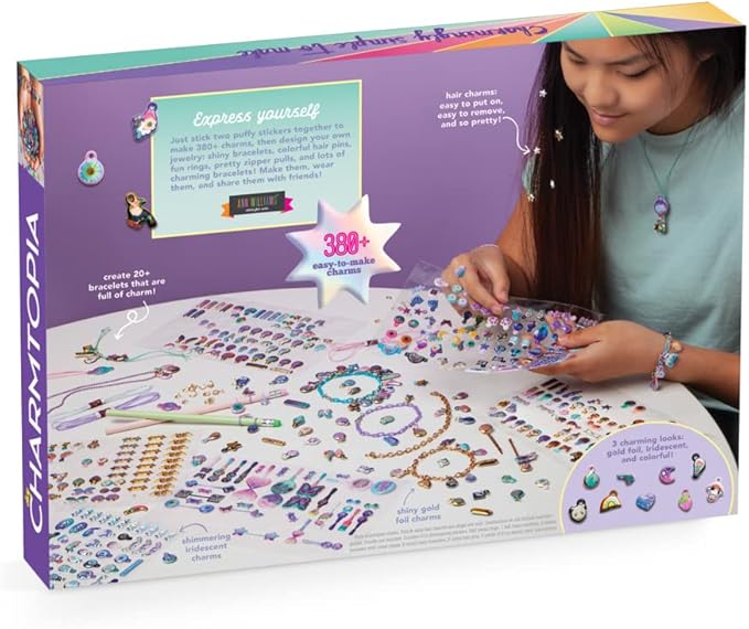 Craft-tastic — DIY Charmtopia — Craft Kit — Fun & Easy DIY Puffy Sticker Charms — Includes Materials to Design Bracelets, Necklaces, Hair Pins, Rings & More — Jewelry Making Gift - Ages 10+