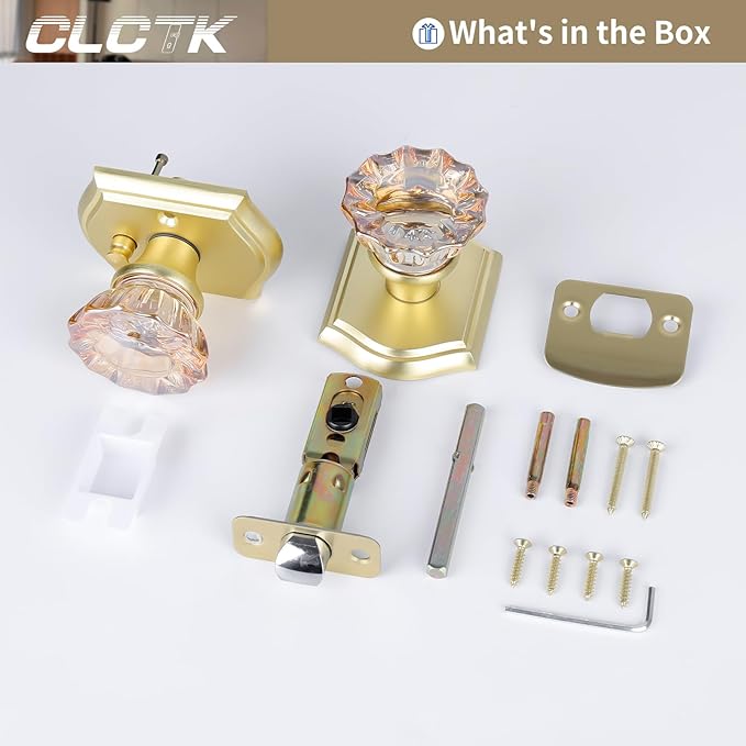 CLCTK Champagne Glass Door Knobs Interior with Lock, Gold Satin Brass Crystal Privacy Door Knobs for Bedroom Bathroom