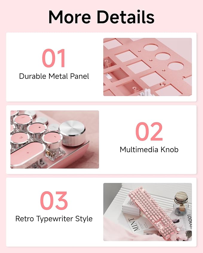 EWEADN Typewriter Style Mechanical Keyboard, Wired Typewriter Keyboards,104 Keys Backlit LED Metal Keyboards, Media Control Knob, Wired Computer Keyboard White Switch for Windows/Mac/PC-Dark Pink