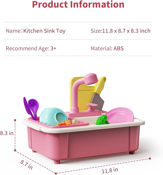 Geyiie Kids Sink with Running Water, Toddler Kitchen Sink Toy with Real Faucet, Chopping Foods, Play Dishes and Dish Rack, 30Pcs Pretend Dishwasher Toys Accessories, Learning Gift for Girls Boys