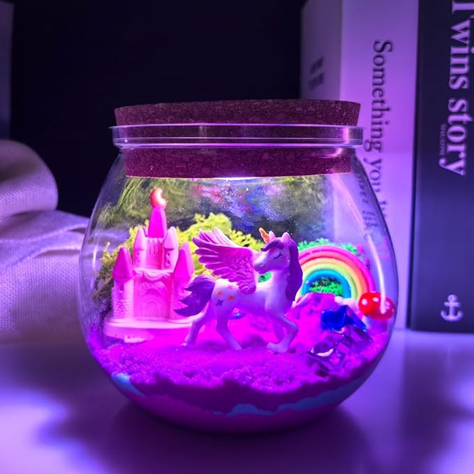 Light Up Unicorn Terrarium Kit for Girls - Kids Terrarium Kit with Unicorn & Castal- Cool Things for Kids Gifts - Toys for Girls Ages 6-12 Years Old