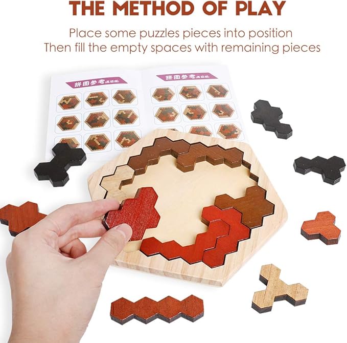 Skrtuan Wooden Hexagon Puzzle for Kids & Adults, Montessori STEM Educational Toy with Colorful Shapes, Logic IQ Brain Teaser Game for All Ages, Geometry Tangram Gift