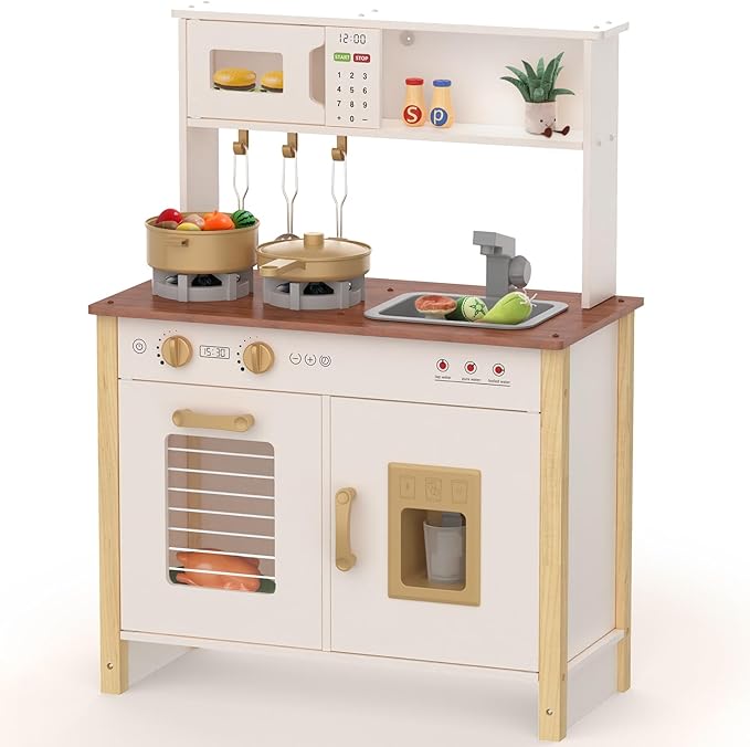 Babytronic Kids Play Kitchen, Wooden Kitchen Playset for Kids Ages 3+ with Real Lights, Sounds, Stove, Sink, Oven, and 30 Pcs Accessories, Toys Kitchen Small Pretend Play Kitchen for Toddlers (White)