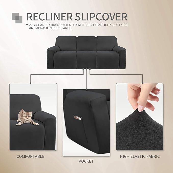 Easy-Going 8 Pieces Microfiber Stretch Sectional Recliner Sofa Slipcover Soft Fitted Fleece 3 Seats Couch Cover Washable Furniture Protector with Elasticity for Kids Pet(Recliner Sofa, Dark Gray)