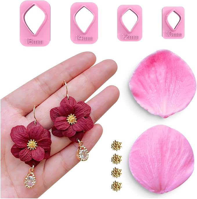 Keoker Flower Petal Clay Cutters - Polymer Clay Cutters for Earrings Making, 4 Shapes with Polymer Clay Petal Press Mold, Clay Cutters for Polymer Clay Jewelry (A)