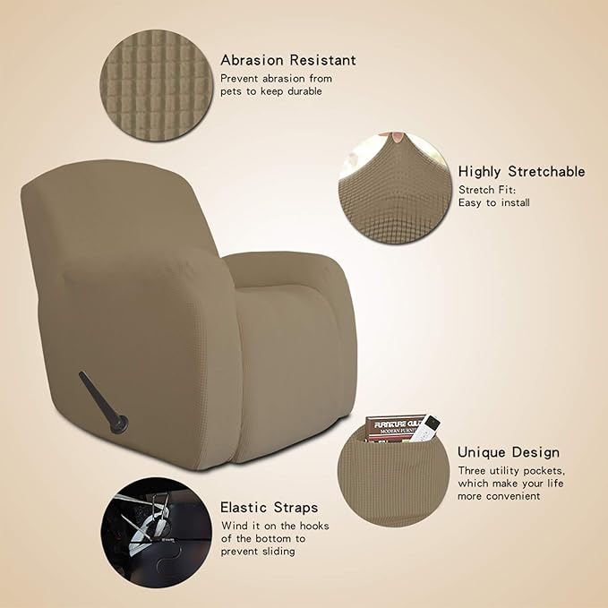 Easy-Going Recliner Stretch Sofa Slipcover Sofa Cover 1 Piece Furniture Protector Couch Soft with Elastic Bottom Kids,Polyester Spandex Jacquard Fabric Small Checks(Oversize Recliner,Tan)