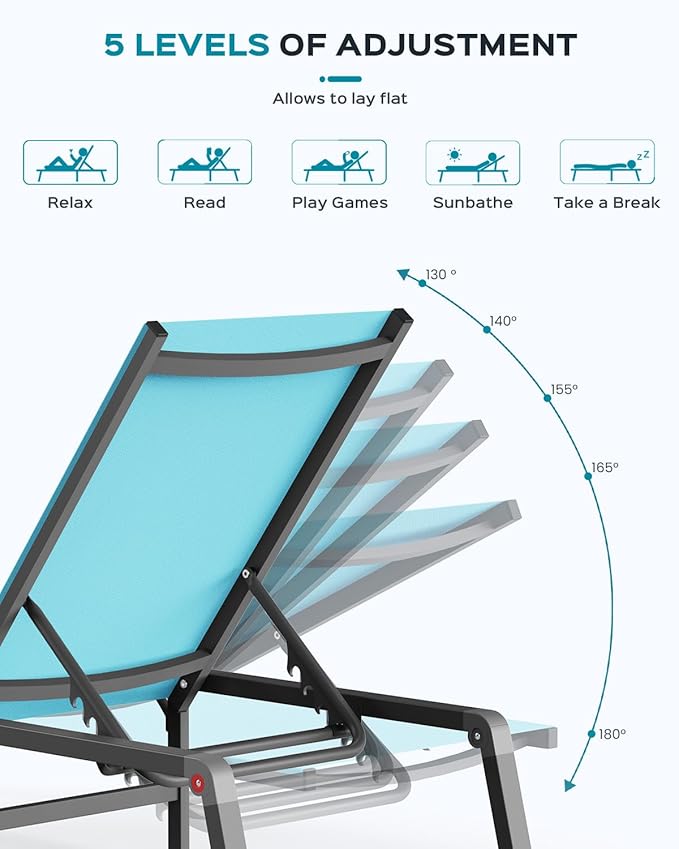 Aluminum Chaise Lounge Ourdoor - Foldable & Assemble Free Outdoor Lounge Chair with 5 Adjustable Backrest, Patio Lounge Chair for Outside Poolside Beach Pool, Lake Blue