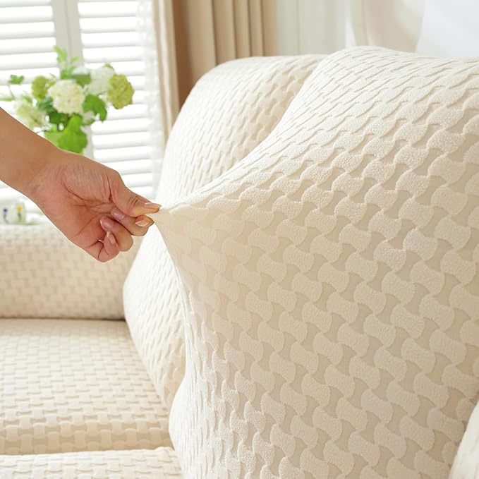 vctops 4 Pieces Jacquard Plush Recliner Slipcovers Stretch Soft Sofa Couch Cover Anti-Slip Solid Color Furniture Protector with Elastic Bottom for Kids Cats Dogs (Cream,1 Seat)