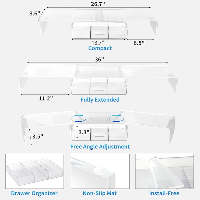 OPNICE Clear Acrylic Desk Organizers and Accessories, Dual Monitor Stand Riser with Drawer, Desk Shelf Computer Racks for Office Workspace Organizers, Desktop Organization