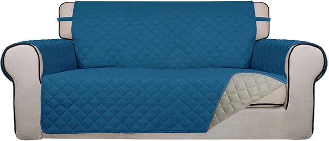 PureFit Reversible Quilted Sofa Cover, Water Resistant Furniture Protector, Washable Couch Cover with Non Slip and Elastic Straps for Kids, Dogs, Pets (Oversized Loveseat, Peacock Blue/Beige)