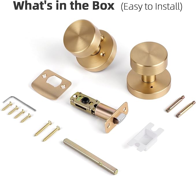 Satin Brass Door Knob Interior Privacy Door Knobs with Lock, Brushed Brass Door Knobs Modern Round Gold Door Handles for Bathroom and Bedroom