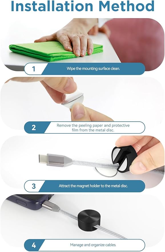 Magnetic Cord Holder Metal Black, Maveek Silicone Cable Clips Magnet Wire Management Cord Organizer for Bedside Table Office Desk Laptop Computer Charging Cables Outdoor Indoor (5 Piece)