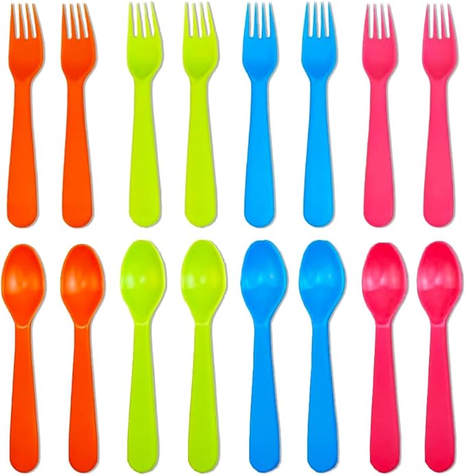 Jawbush 16 Pcs Kids Utensils Set, Plastic Kids Forks and Spoons Set, Reusable Toddler Utensils Kids Silverware Cutlery Set, Durable Flatware Set for Lunch Box, Easy to Use for Kids and Adults,BPA Free