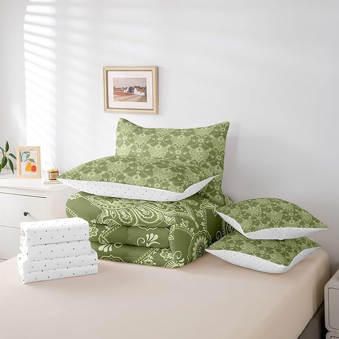 Feelyou Adults Green Vintage Damask Floral Bedding Set Antique Drawing Classical Paisley Comforter Set 7 Pieces Comforters King Size Gothic Bohemia Boho FloralHotel Style Bed in a Bag