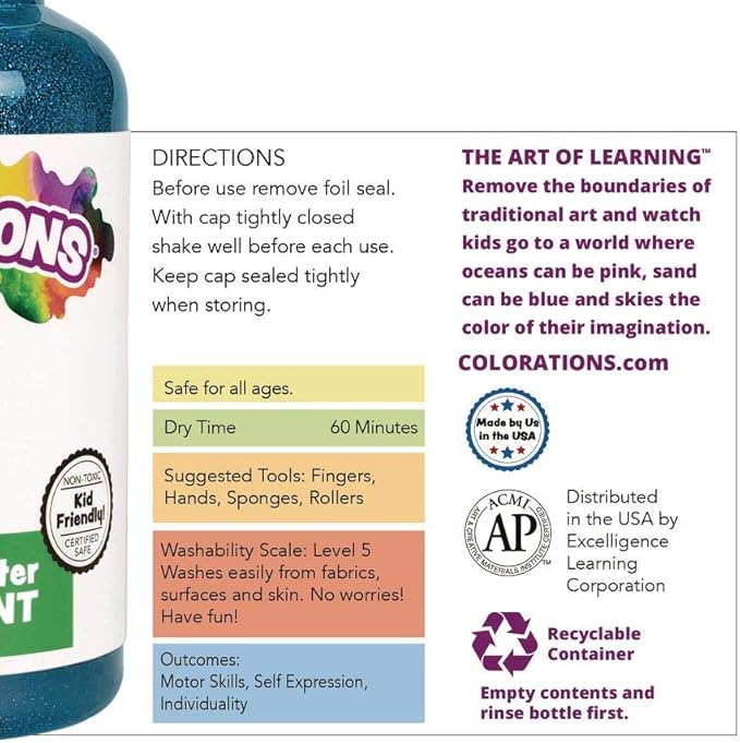 Colorations Washable Glitter Finger Paint for Kids, each 16 fl oz, 8 Colors, Non-Toxic Paint, Kids Finger Paint, Sensory Finger Paint, Kids Paint, Hand painting, Kids