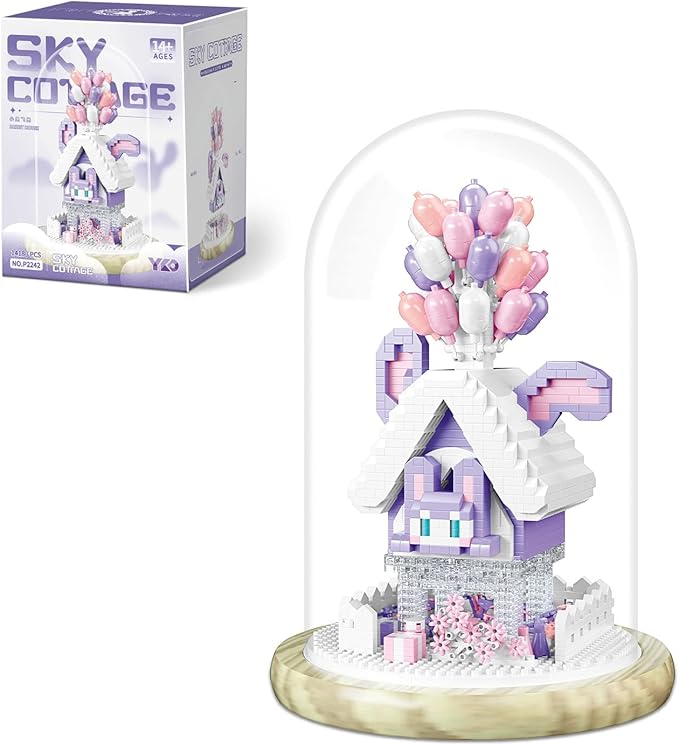 House Building Blocks Kit Toys Building Set, Miniature 1418 Pcs Micro Bricks Collectible Creative Teen Girl Gifts Age 14 and Up, Dust Cover, and Wooden Base Up Balloon Castle Set