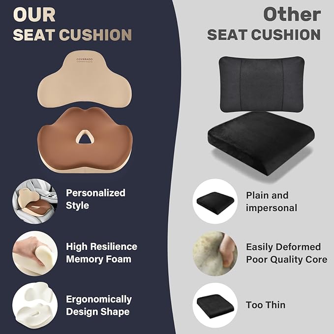 Coverado Car Seat Cushion and Lumbar Support Pillow, Memory Foam Ergonomic Back Support Driving Seat Cushion for Sciatica, Tailbone, Back Pain, Non-Slip Washable Cushion for Car, Driver, Office