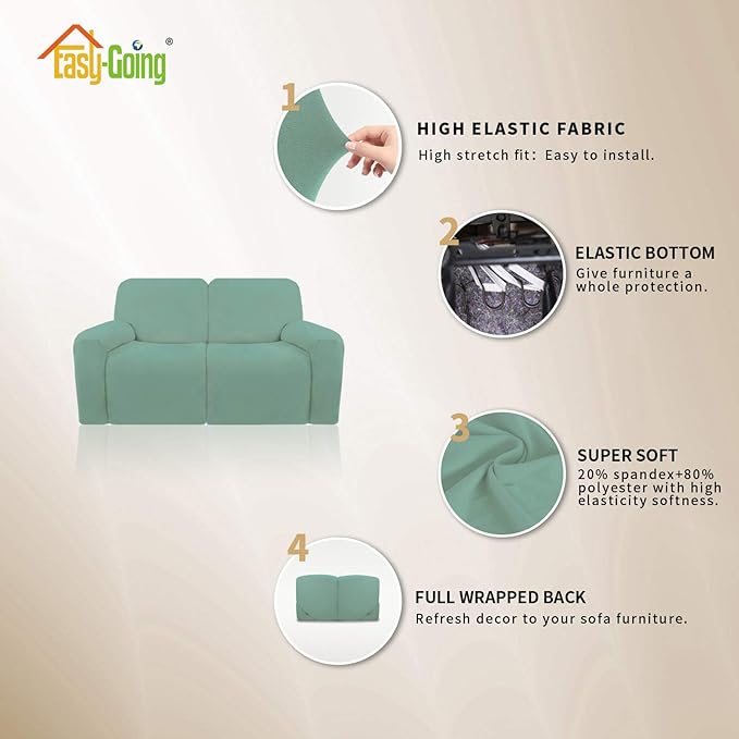 Easy-Going 6 Pieces Microfiber Stretch Sectional Recliner Sofa Slipcover Soft Fitted Fleece 2 Seats Couch Cover Washable Furniture Protector with Elasticity for Kids(Recliner Loveseat, Cyan)