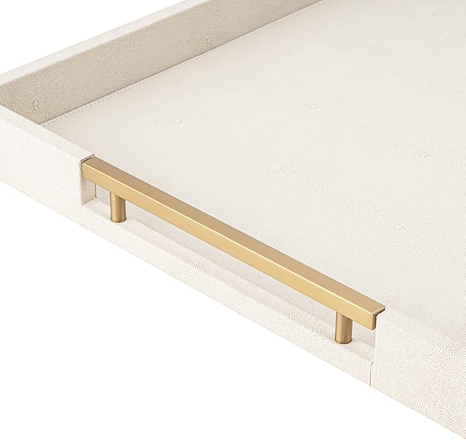 Beige Faux Leather Serving Tray with Handles – Large Decorative Tray for Coffee Table, Ottoman, Living Room, Bathroom – Home Decor