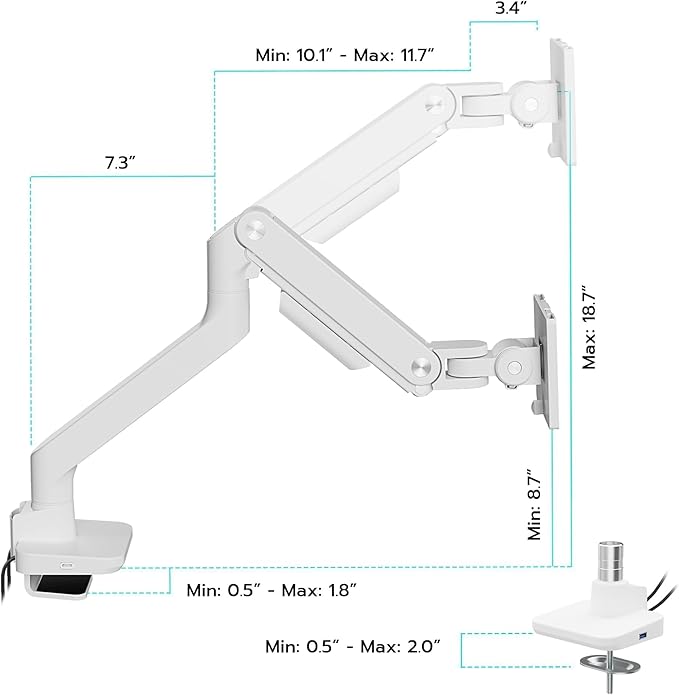 ARES WING Ultrawide Monitor Arms White with USB A/C, Heavy Duty Monitor Arm for 17 to 49 inch Screen, Holds 44 lbs, Adjustable Gas Spring Desk Mount with Clamp and Grommet Base