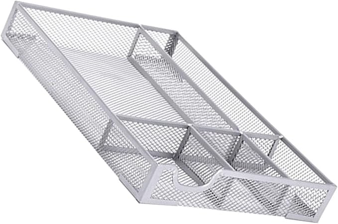 FOSA Desk Drawer Organizer, 5 Compartments Metal Mesh Storage Tray with Non Slip Rubber Pads, for Office Home Kitchen Jewelry Organization (Silver)