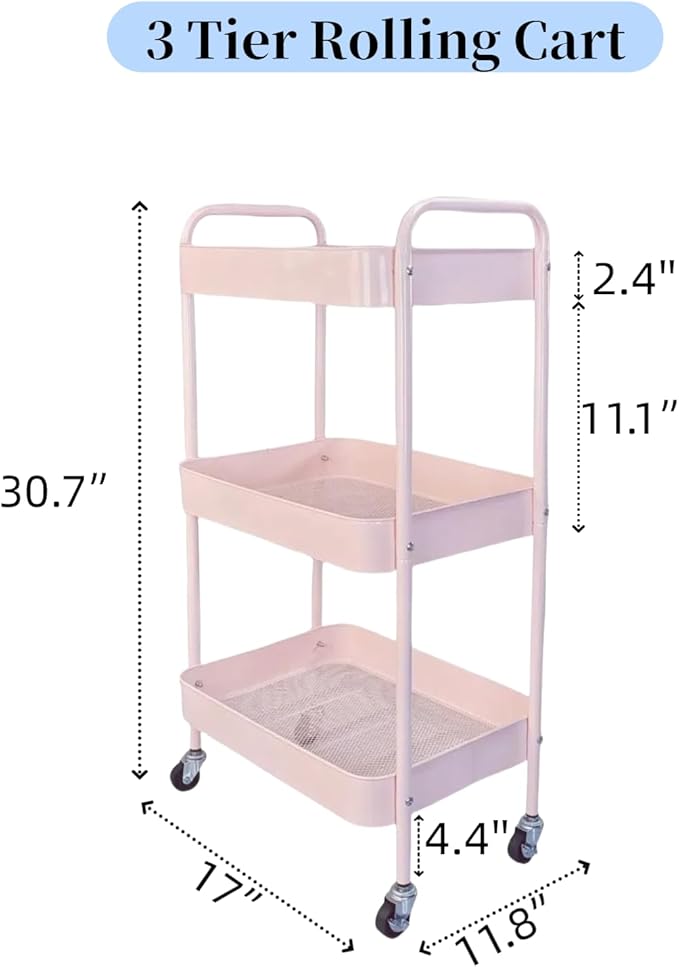 LIWNYRK 3 Tier Pink Rolling Cart for Nursery & Laundry Room with Handle & 4 Hooks, Metal Kitchen Storage Cart on Wheels and Lockable Casters, Large Capacity Sturdy Trolley for Lash Craft Bathroom