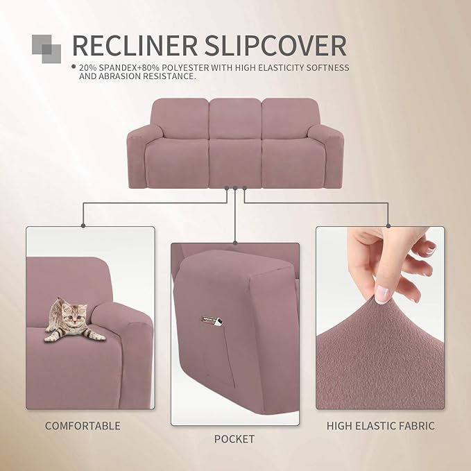 Easy-Going 8 Pieces Microfiber Stretch Sectional Recliner Sofa Slipcover Soft Fitted Fleece 3 Seats Couch Cover Washable Furniture Protector with Elasticity for Kids Pet(Recliner Sofa, Pink)