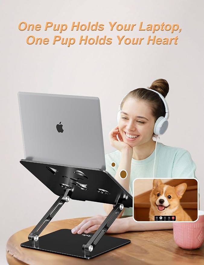 Aluminum Laptop Stand for Desk, Height-Adjustable Riser, Sturdy Ergonomic Holder with Puppy Shaped Vents for Heat Dissipation, Fits 10"-17.3" MacBook Air/Pro, Dell, HP, Lenovo, Black