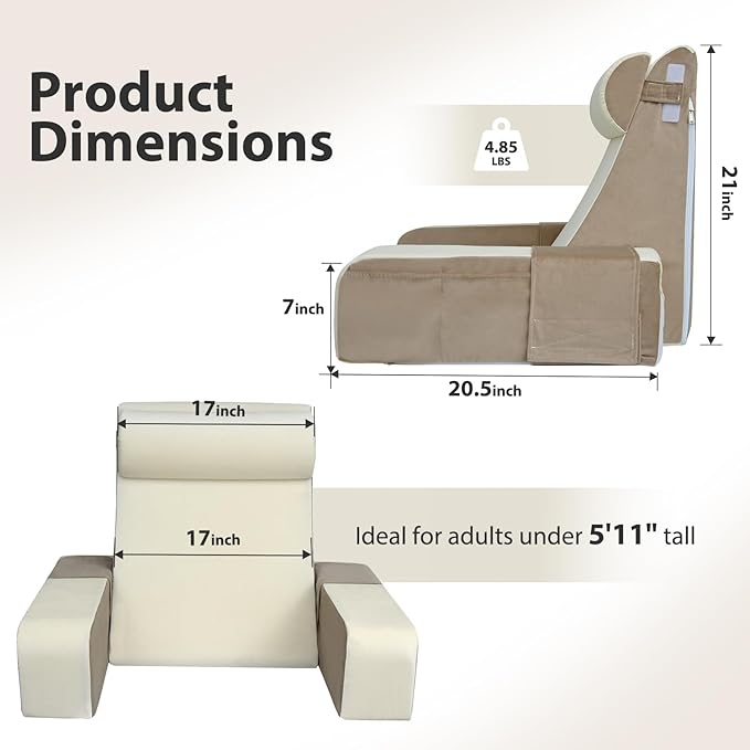 Vekkia 21" Reading Pillow for Sitting Up in Bed, 60° Ergonomic Wedge Back Pillow with Multi-Density Foam for Comfortable Support, XL Side Pockets, Bed Chair for TV, Gaming, Working, Nursing & Recovery