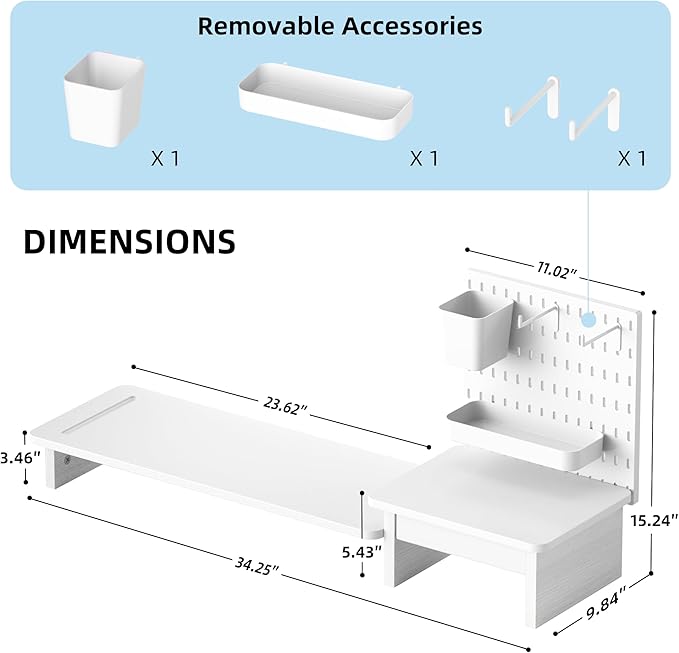 Pegboard Monitor Stand Riser,Computer Monitor Stand with 2 Hooks Cable Management Desk Organizer and Drawer for Laptop,PC,Computer,Printer,White