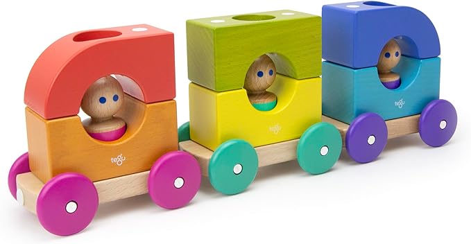 12 Piece Tegu Magnetic Tram Building Block Set, Rainbow