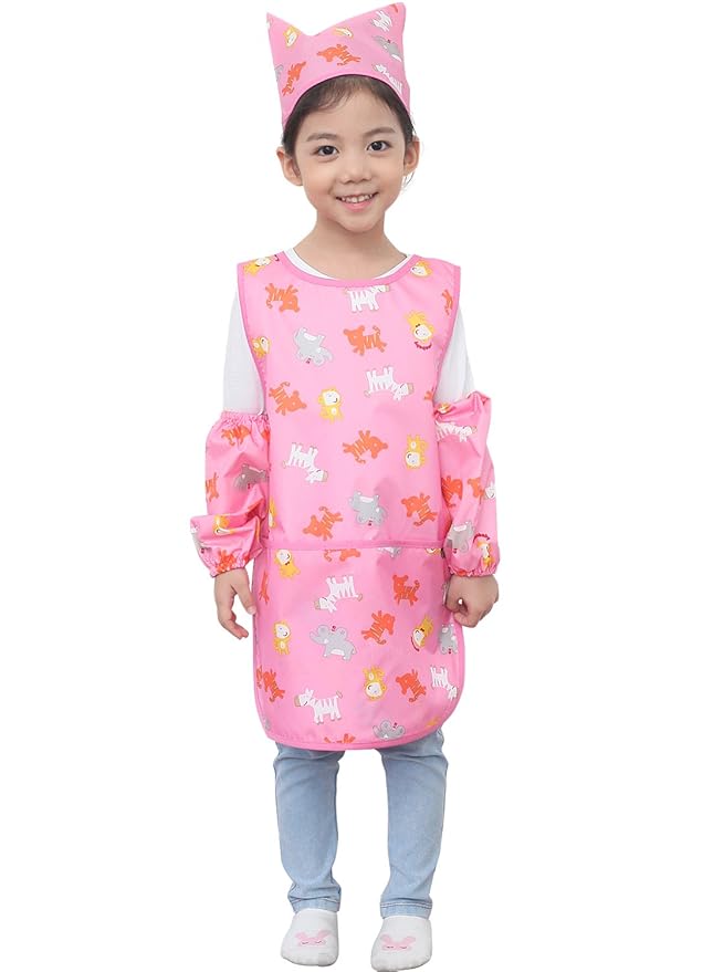 Children Waterproof Artist Painting Aprons or Art Smock 3PCS Set Pink Animal (04-M)