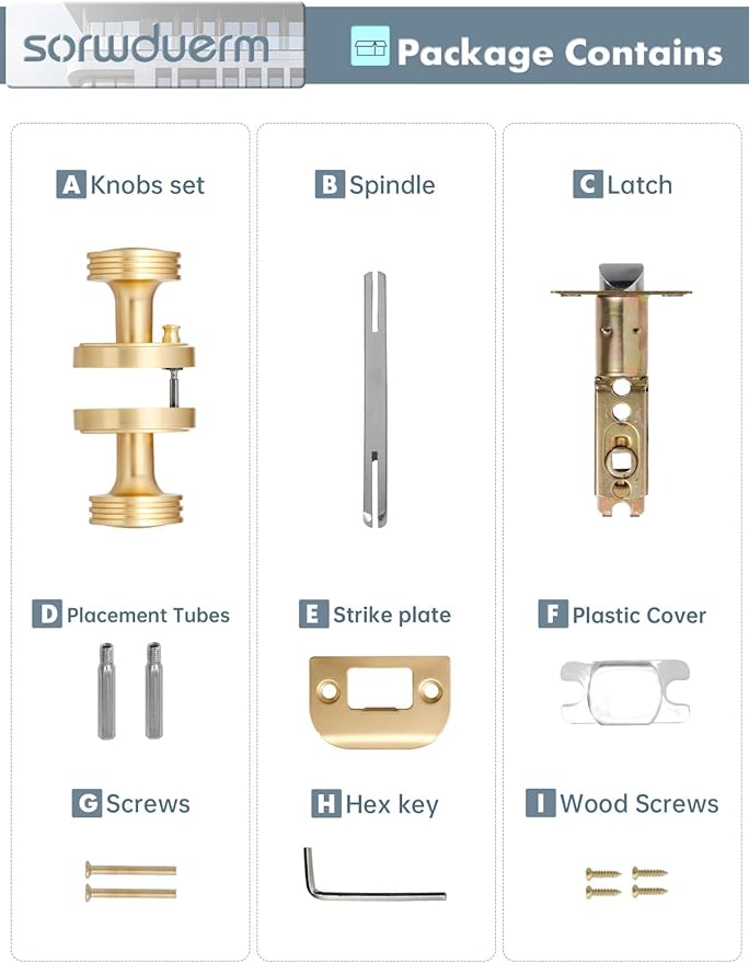 2 Pack Gold Door Knob Privacy Door Knobs Satin Brass Door Handle Interior Brushed Gold Door Knobs with Lock for Bedroom and Bathroom Zinc Alloy