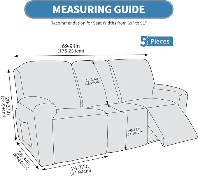JIVINER 5 Pieces Recliner Sofa Covers Stretch Recliner Sofa Slipcover with Elastic Bottom Jacquard Fitted Reclining 3 Cushion Couch Cover Furniture Protector with Pockets (3 Seater, Navy Blue)