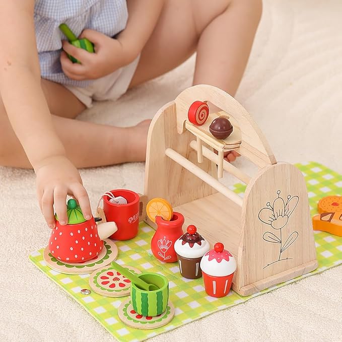 JAUNTY Tea Party Set Toy for Little Toddler Girl 3 4 5 6 Years Old, Wooden Tea Set Pretend Role Play Kitchen Toy with Carrying Case, 3-5 Year Old Kids Girls Boys Birthday