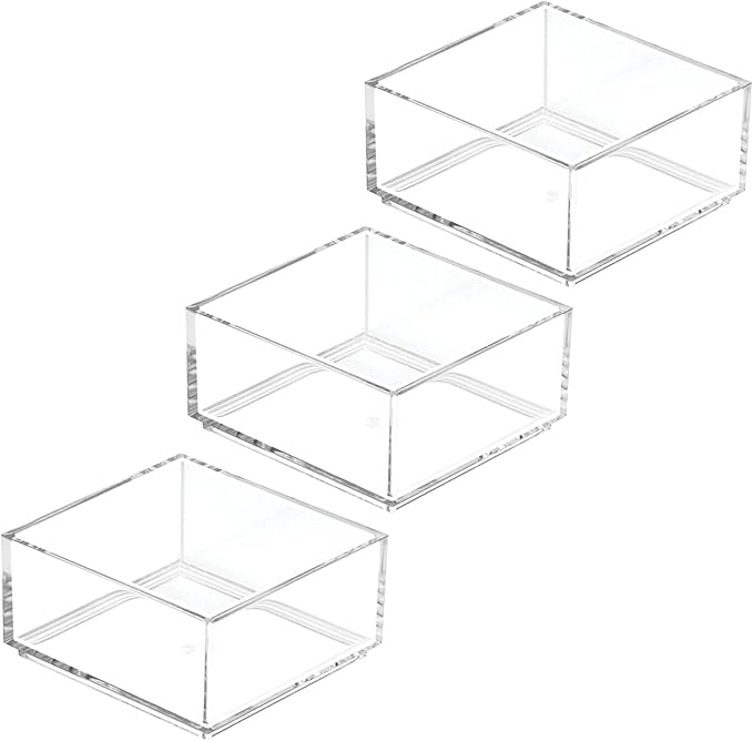mDesign Plastic Square Desk Organizer - Create Section for Home Office Drawers, Desktop - Holds Pens, Paper Clips, Notebooks and Other Office Supply Accessory - Lumiere Collection - 3 Pack, Clear