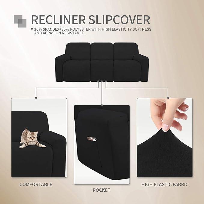 Easy-Going 8 Pieces Microfiber Stretch Sectional Recliner Sofa Slipcover Soft Fitted Fleece 3 Seats Couch Cover Washable Furniture Protector with Elasticity for Kids Pet(Recliner Sofa, Black)