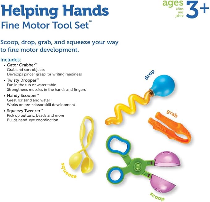Learning Resources Helping Hands Fine Motor Tool Set Toy - 4 Pieces, Ages 3+ Fine Motor and Sensory Play Toys, Toddler Tweezers, Sensory Bin Toys