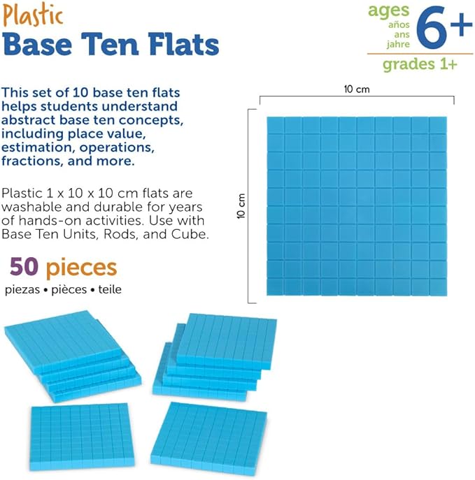 Learning Resources Plastic Base Ten Flats, Early Math, Counting, Place Value, Homeschool, 10 Pieces, Ages 6+