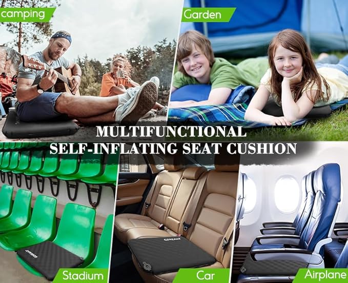 Inflatable Seat Cushion, Self-Inflating Memory Foam Stadium Seats Cushion Portable Camping Air-Foam Sitting Pad for Travel Airplane Car Bleachers Backpacking Office, Lightweight & Compact