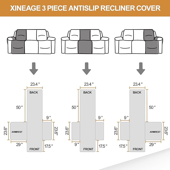 XINEAGE Water Resistant Recliner Cover, 3 seat Recliner Sofa Covers with Pockets, Quilted Thick Recliner Protector Cover for Dog Pets with Non Slip Backing and Strap (Recliner Sofa, Khaki)