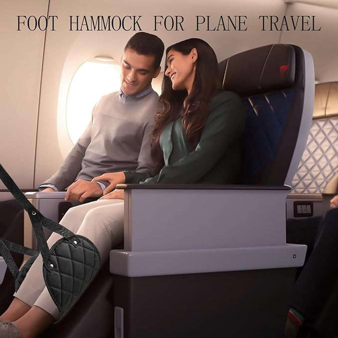 Premium 2-Pack Airplane Foot Hammock with 2 Eye Masks & 2 Earplugs Set - Adjustable Length Foot Rest for Comfortable Plane Travel, Portable Under Desk Flight Foot Leg Sling - Black & Blue