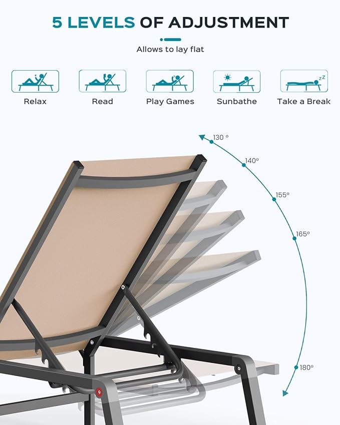 Aluminum Chaise Lounge Ourdoor - Foldable & Assemble Free Outdoor Lounge Chair with 5 Adjustable Backrest, Patio Lounge Chair for Outside Poolside Beach Pool, Khaki